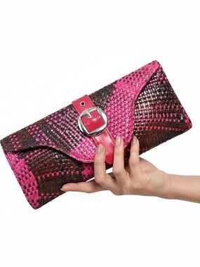Plaid Woven Hot Pink and Brown Woven Clutch Like New